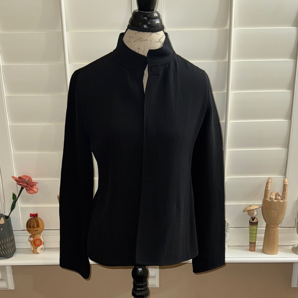 Eileen Fisher Crepe Stand Collar Open Jacket Silk Blend Magnetic Black